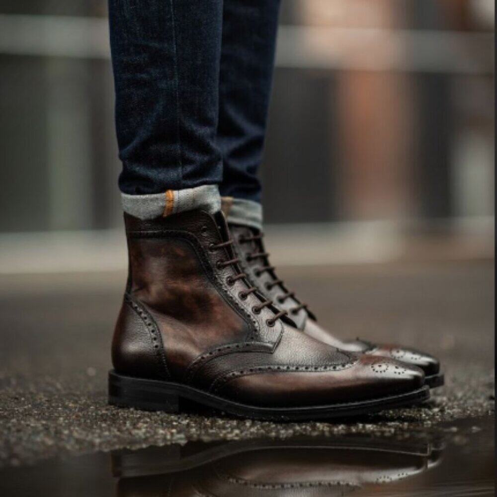 MEN'S Brown Leather Lace Up Wingtip Brogues Ankle Boot Dress Shoes - SIZE 10.5